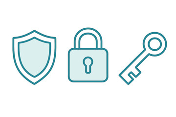Security icons set featuring a shield, closed padlock, and key symbols