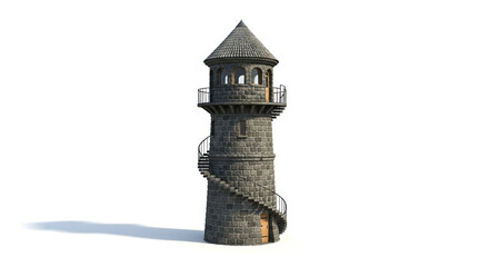 Isolated stone tower with a spiral staircase winding around it, a medieval architectural marvel against a pristine white background
