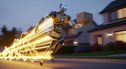 A yellow lightning-speed AI-powered humanoid robot designed for rapid parcel delivery to your home