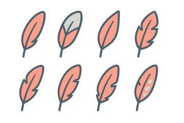 Eight stylized decorative feathers set in simple doodle style with soft pastel colors