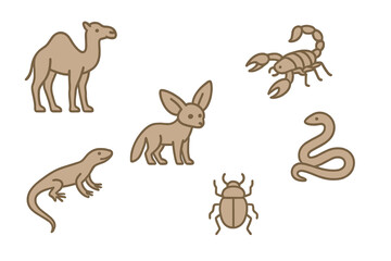Stylized desert animal icons including camel fennec fox scorpion and reptile species