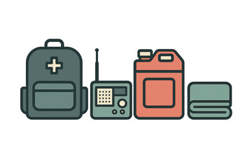 Essential supplies for disaster preparedness featuring a first aid backpack, radio, fuel container, and blanket