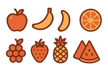 Colorful stylized fruit icons set including apple banana orange pineapple watermelon