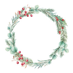 Christmas wreath. Watercolor frame with  eucalyptus and fir branches on white background. Hand drawn illustration