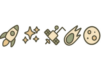 Rocket, satellite, stars, comet, and planet symbols representing space exploration and astronomy
