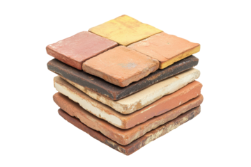 Stack of assorted natural stone tiles isolated on transparent background. Stack of tiles isolated on white background.