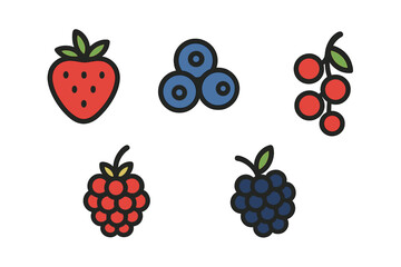 Fresh summer berries set: strawberry, blueberry, raspberry, blackberry, and red currant