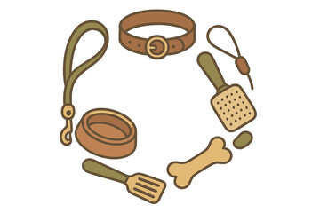 Essential accessories and supplies for dog care including collar leash bowl and grooming tools