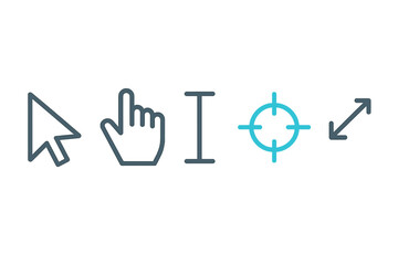 Essential computer interface cursor symbols including pointer, hand, text input, and resize arrows