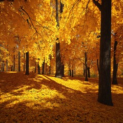 Golden carpets: a symphony of autumn leaves covering majestic forest floors. Hero shot. Sun-kissed autumn: luxurious leafy blankets in vibrant forest colors. Creative concept.