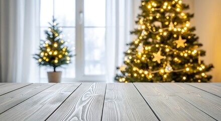 Cozy living room with two decorated christmas trees and a wooden table in the foreground
