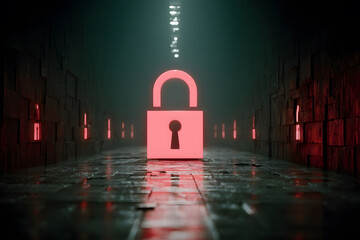 Digital Security Concept with Neon Padlock in Dimly Lit Corridor