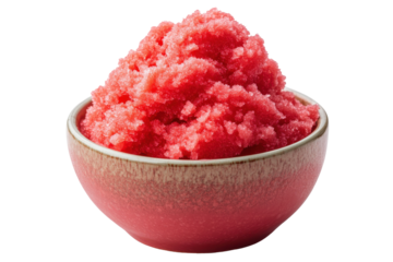 Bowl of fresh strawberry sorbet isolated on transparent background. Strawberry sorbet ice cream in a bowl isolated on white background.