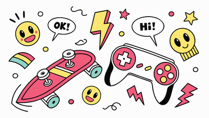 Retro 90s inspired doodle and sticker collage with bold colors and fun elements