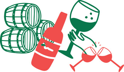 Wine. Winemaking Serving A glass and wine. People drink wine. Pleasure from life. Line art	