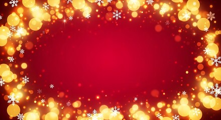 Vibrant red frame adorned with golden bokeh lights and delicate snowflakes, creating a festive holiday atmosphere