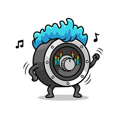 Dancing speaker cartoon mascot with blue flame hair and music notes