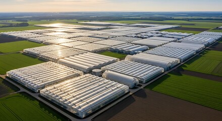 Extensive Greenhouse Complex Under a Bright Sky glasshouse agriculture