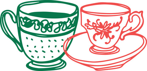 Tea Cups Collection Line Drawing Sketch	