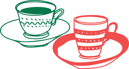 Tea Cups Collection Line Drawing Sketch	