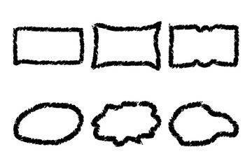 Hand drawn wavy curve deformed textured frames. Border sketch. Rectangle Ellipse blank frame set.