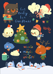 Cute Cartoon Christmas Set with Animals and Elements