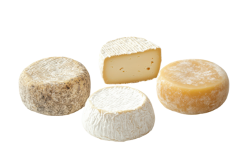 Different types of round cheese isolated on transparent background. Various cheese selection isolated on white background.