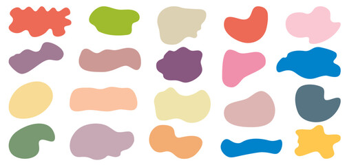 Modern abstract fluid shape collection with colorful organic blobs, smooth curved forms and minimalist geometric accents, soft organic shapes and fluid colorful forms blending modern art expression
