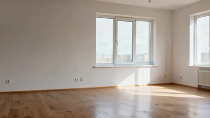 Keys hanging from door lock with house-shaped key chain with copy space in bright empty apartment ready for move-in. - Powered by Adobe