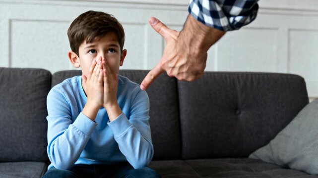 Child abuse showing angry adult with clenched fist and scared child covering face at home, representing awareness against domestic violence against children.