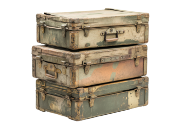 Stack of three vintage travel trunks isolated on transparent background. Vintage military crates stack isolated on white background.
