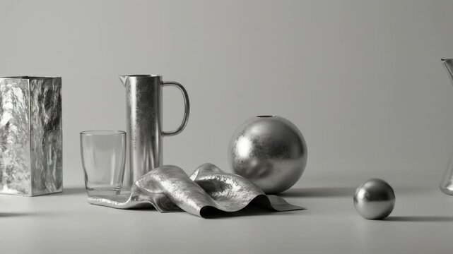 Metallic objects composition jug spheres and textured surfaces