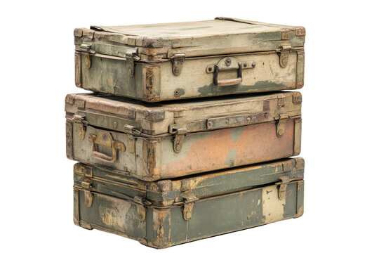Stack of three vintage travel trunks isolated on transparent background. Vintage military crates stack isolated on white background.