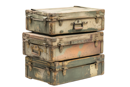 Stack of three vintage travel trunks isolated on transparent background. Vintage military crates stack isolated on white background.