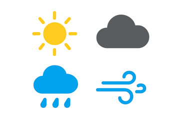 Set of four basic weather forecast icons showing sunny, cloudy, rainy, and windy conditions