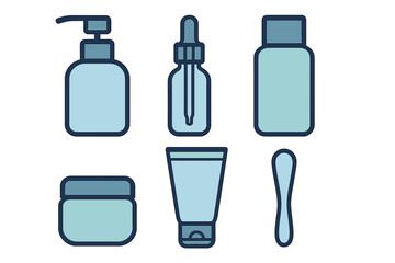 Set of cosmetic packaging containers including bottles, jars, tubes, and applicators