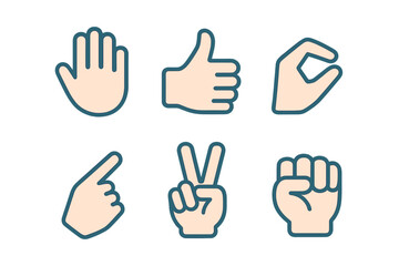 Collection of six common human hand gestures including thumbs up, peace sign, and pointing finger