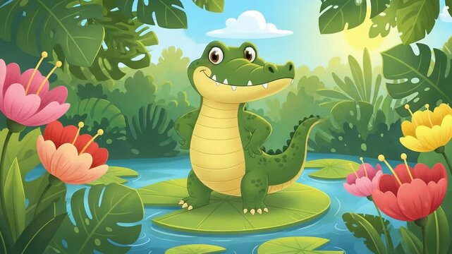 happy cartoon alligator in a lush tropical jungle
