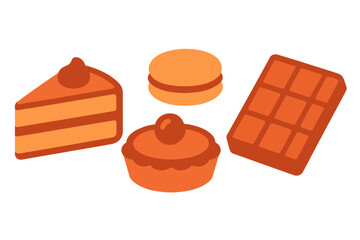 Assortment of sweet baked goods including cake slice, macaron, tart, and waffle in warm orange tones