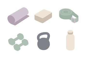 Isometric fitness equipment set with dumbbells, kettlebell, yoga mat, and water bottle