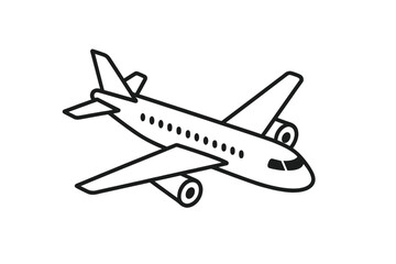 Simple black outline icon of a commercial passenger airplane for travel and aviation
