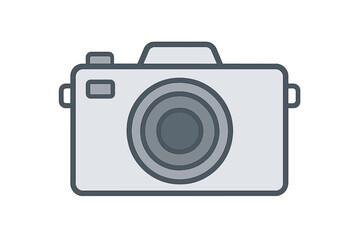 Minimalist digital camera with large lens and simple gray color scheme on white background
