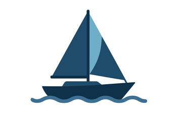 Minimalist flat design of a dark blue sailboat with sails up floating on stylized ocean waves