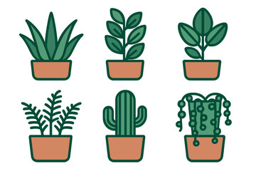 Six decorative indoor potted plants including various succulents and green foliage for home decor