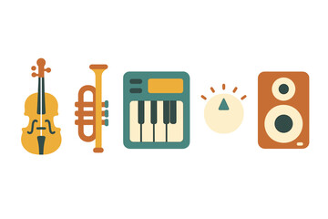 Collection of musical instruments and audio equipment including violin, trumpet, keyboard, and speaker