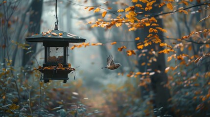 A bird hovering over a feeder filled with seeds against the soft background of an autumn forest or park.
