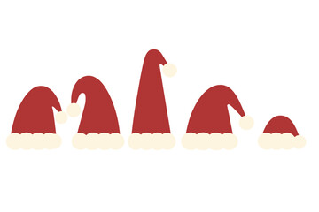 Collection of five traditional red and white Santa Claus hats in various shapes