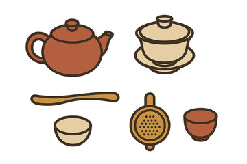 Traditional Chinese tea ceremony utensils set: teapot, gaiwan, cups, strainer, scoop