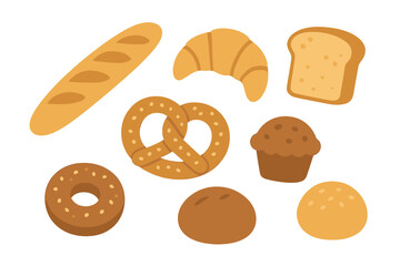 Assortment of fresh baked goods including croissant baguette pretzel muffin and bread