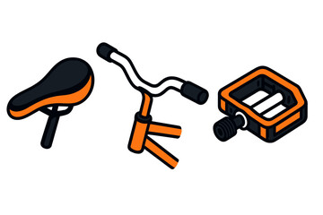 Isometric set of bicycle parts including saddle, handlebars, and pedal in orange and black colors